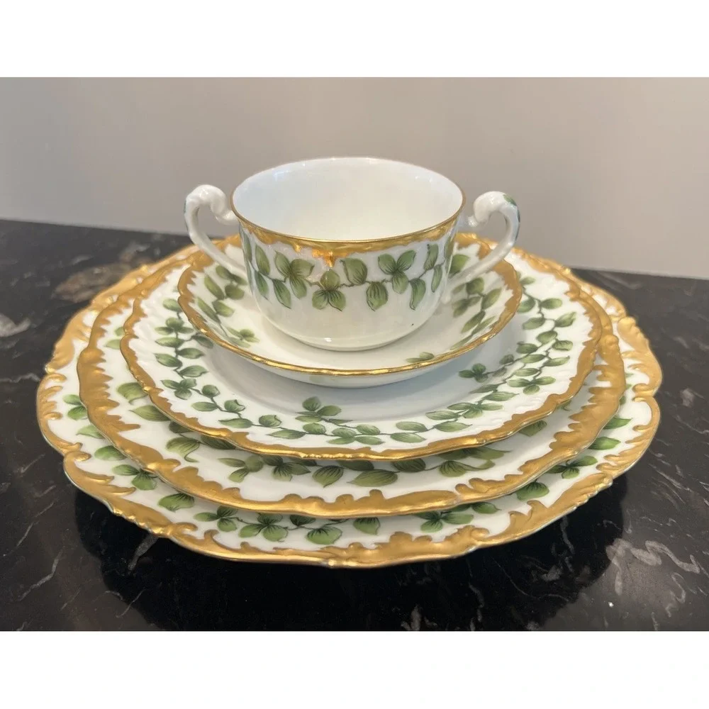 Antique T&V Limoges France Depose Green Vine w Rich Gold Rim 5 Place Setting